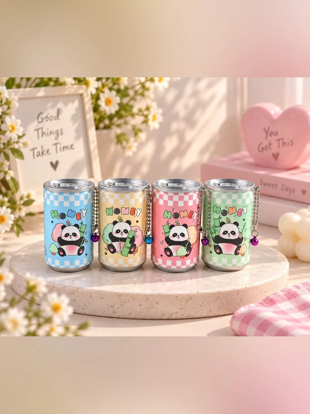 Cute Panda Honey Mini Can Keychain - Pastel Blue, Yellow, Pink, Green tissues
